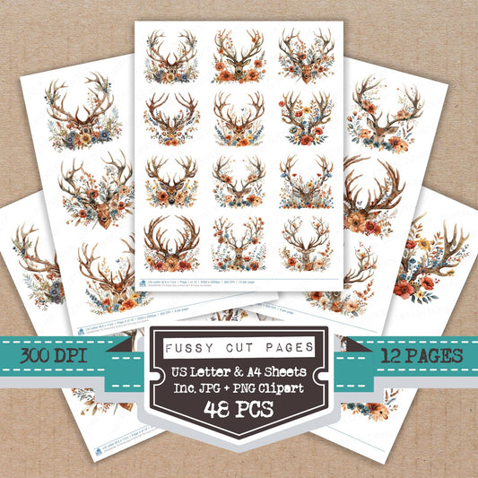 Floral Deer Antlers B fussy cut printable sheets for junk journaling, scrapbooking, and paper craft projects