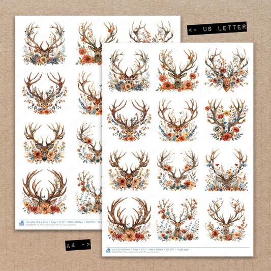 A4 and US Letter format comparison showing Floral Deer Antlers B fussy cut pages for print and cut crafting