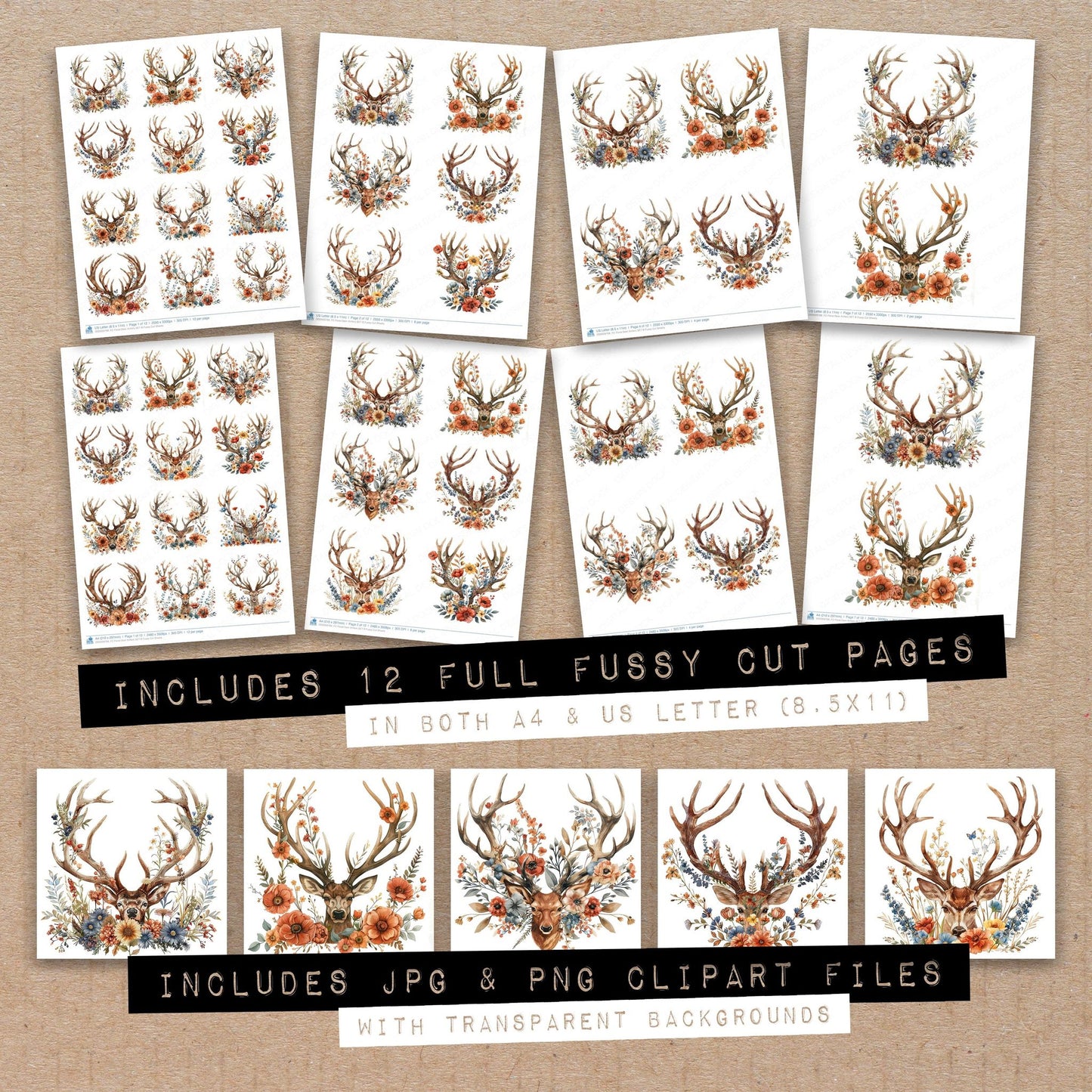 Full collection view of Floral Deer Antlers B fussy cut sheets with bonus clipart JPG and PNG files