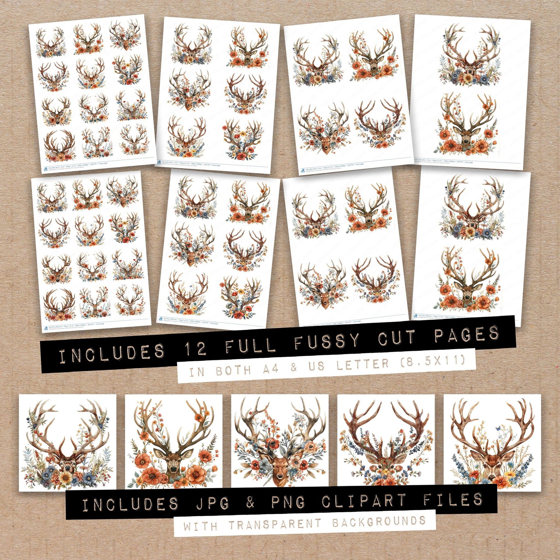 Full collection view of Floral Deer Antlers B fussy cut sheets with bonus clipart JPG and PNG files