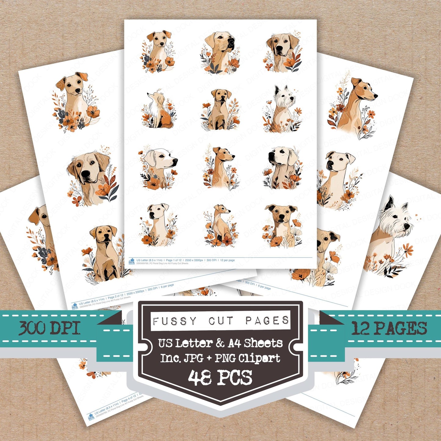 Floral Dog Line Art fussy cut printable sheets for junk journaling, scrapbooking, and paper craft projects