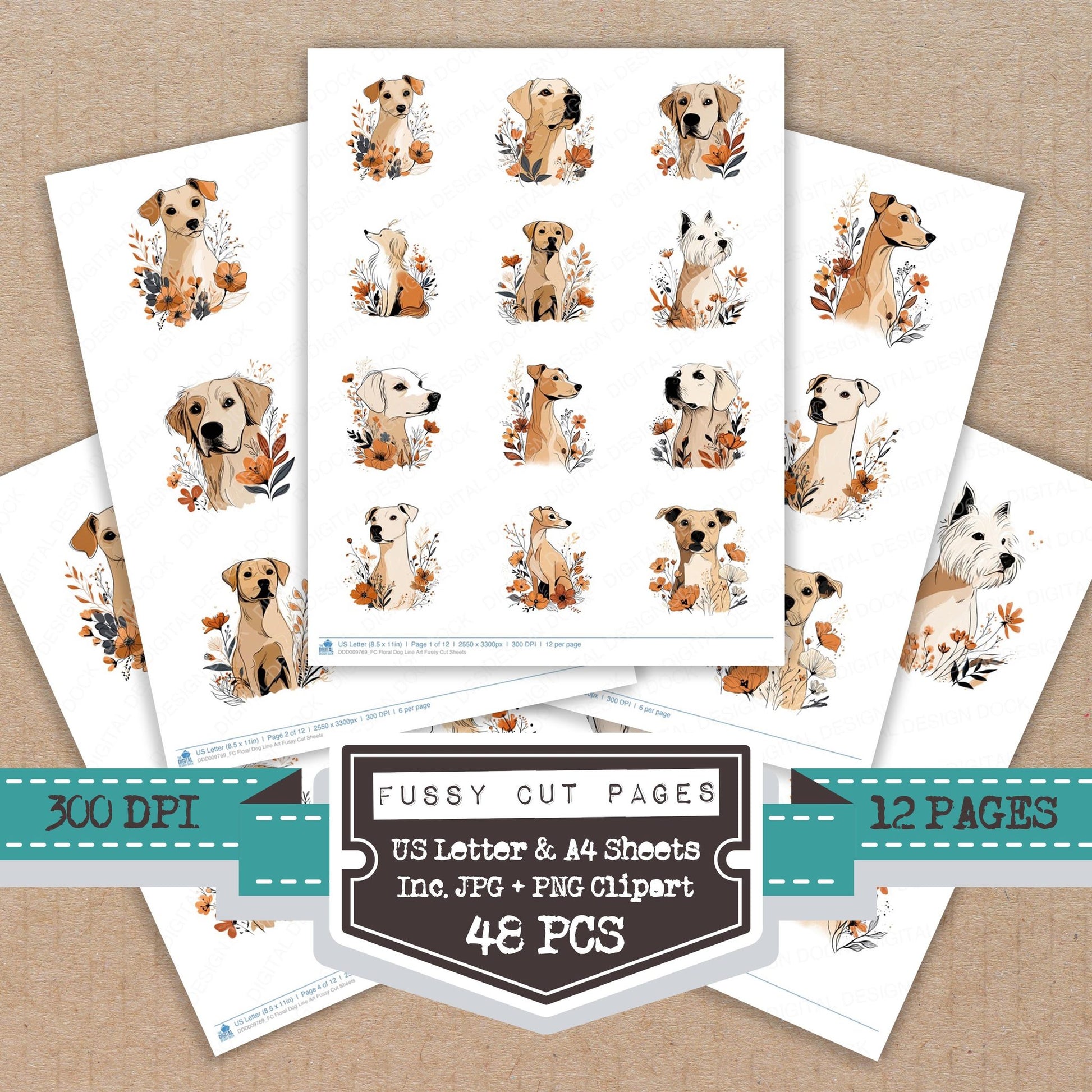 Floral Dog Line Art fussy cut printable sheets for junk journaling, scrapbooking, and paper craft projects