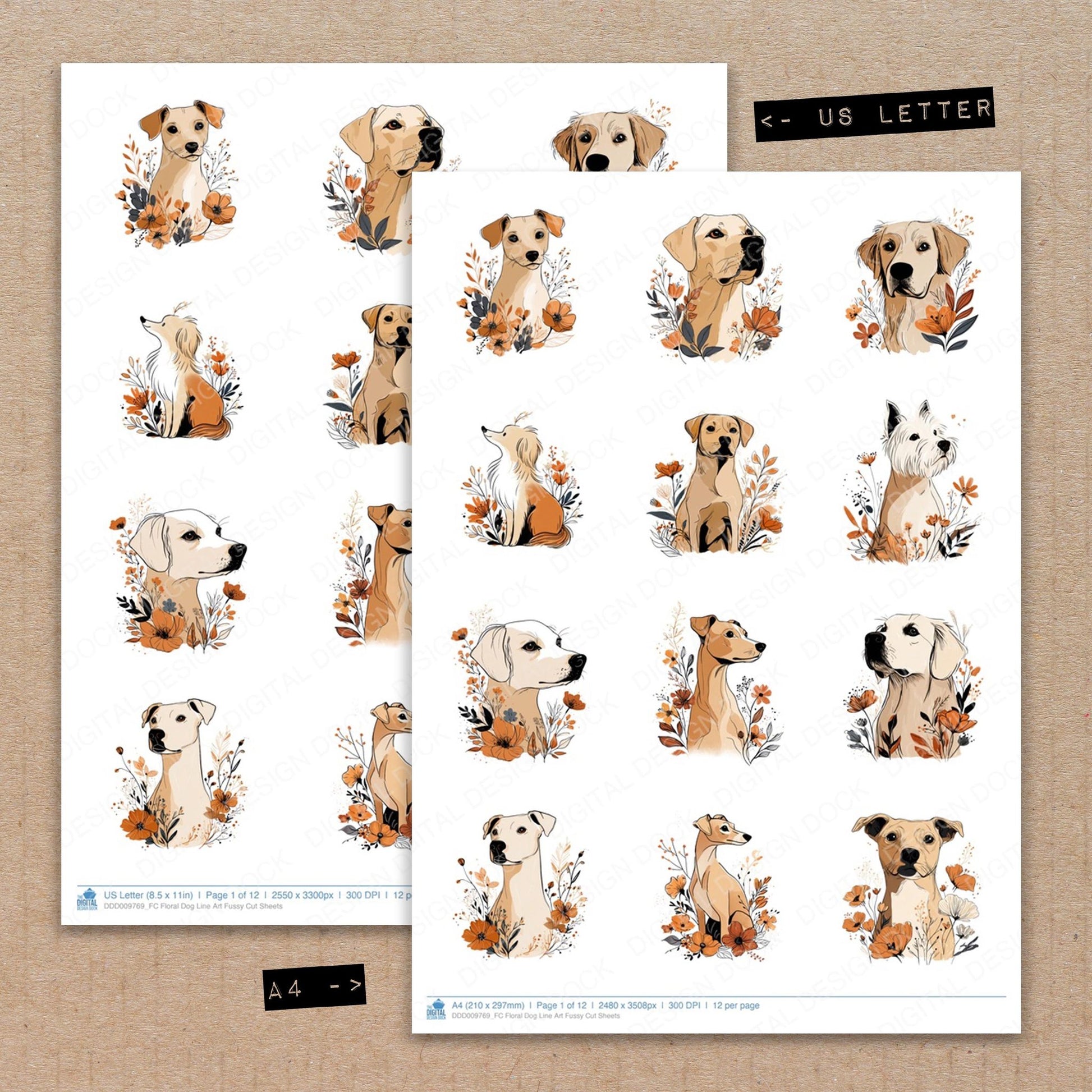 A4 and US Letter format comparison showing Floral Dog Line Art fussy cut pages for print and cut crafting