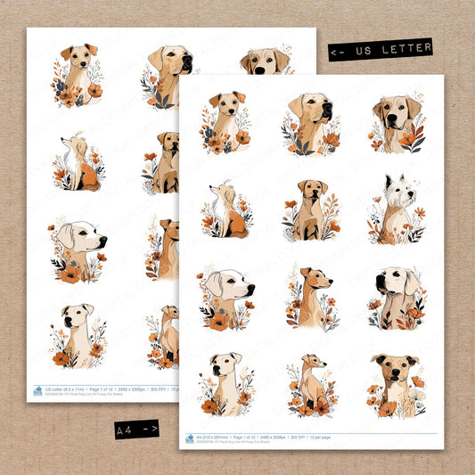 A4 and US Letter format comparison showing Floral Dog Line Art fussy cut pages for print and cut crafting