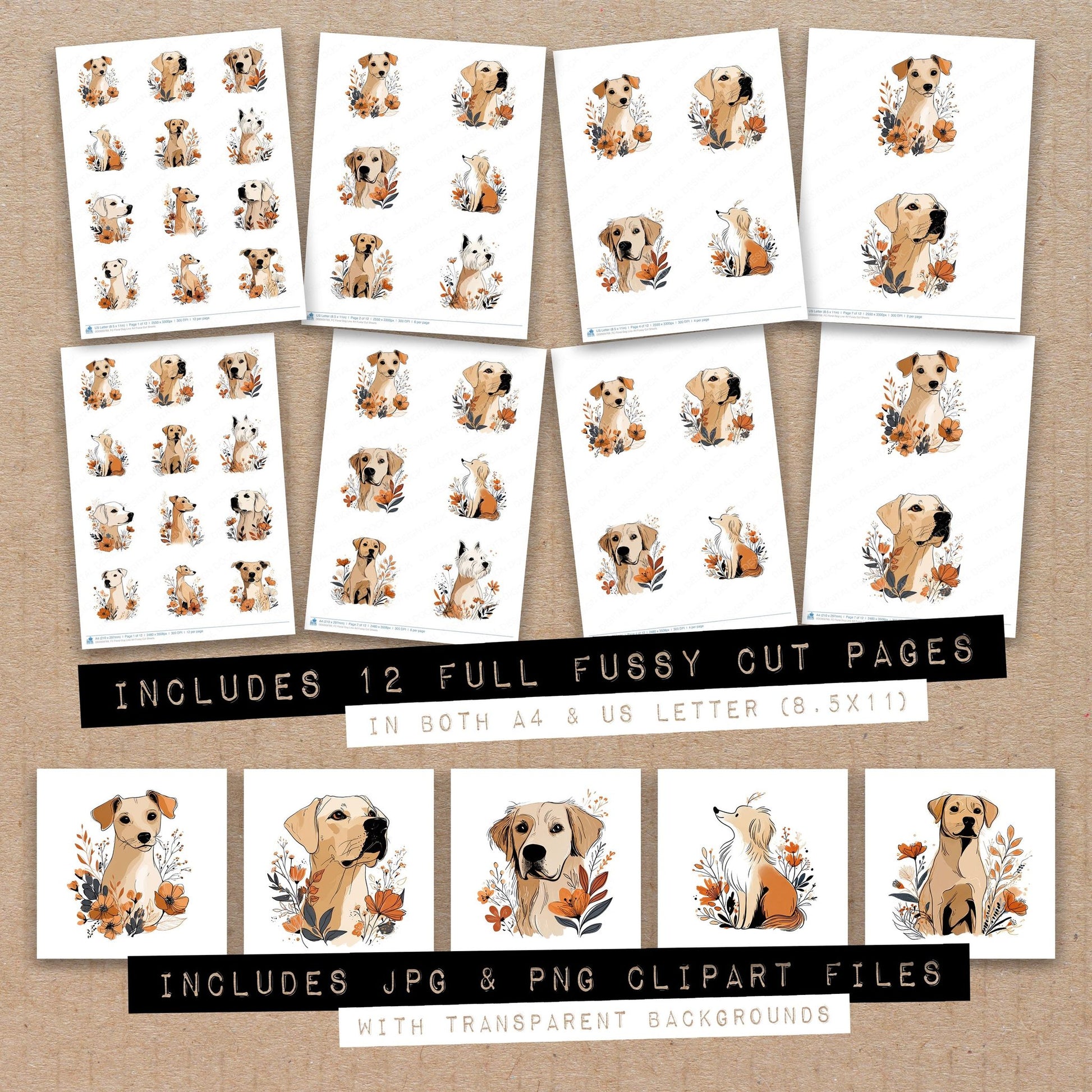 Full collection view of Floral Dog Line Art fussy cut sheets with bonus clipart JPG and PNG files