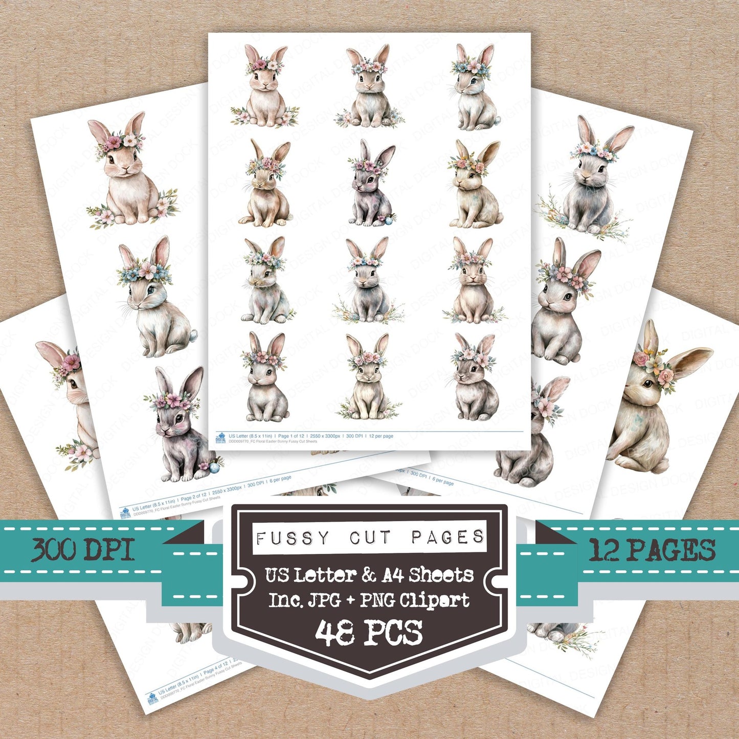 Floral Easter Bunny fussy cut printable sheets for junk journaling, scrapbooking, and paper craft projects