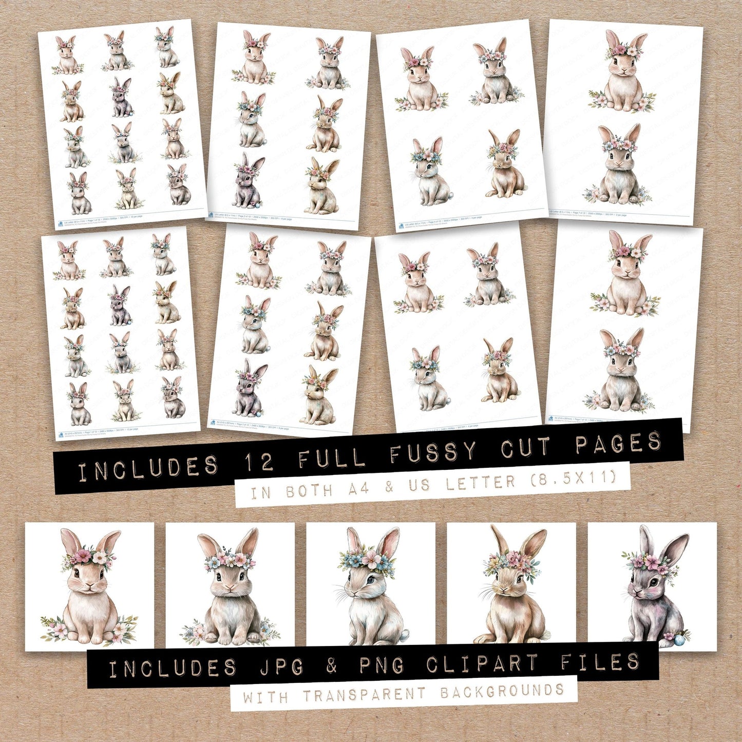 Full collection view of Floral Easter Bunny fussy cut sheets with bonus clipart JPG and PNG files
