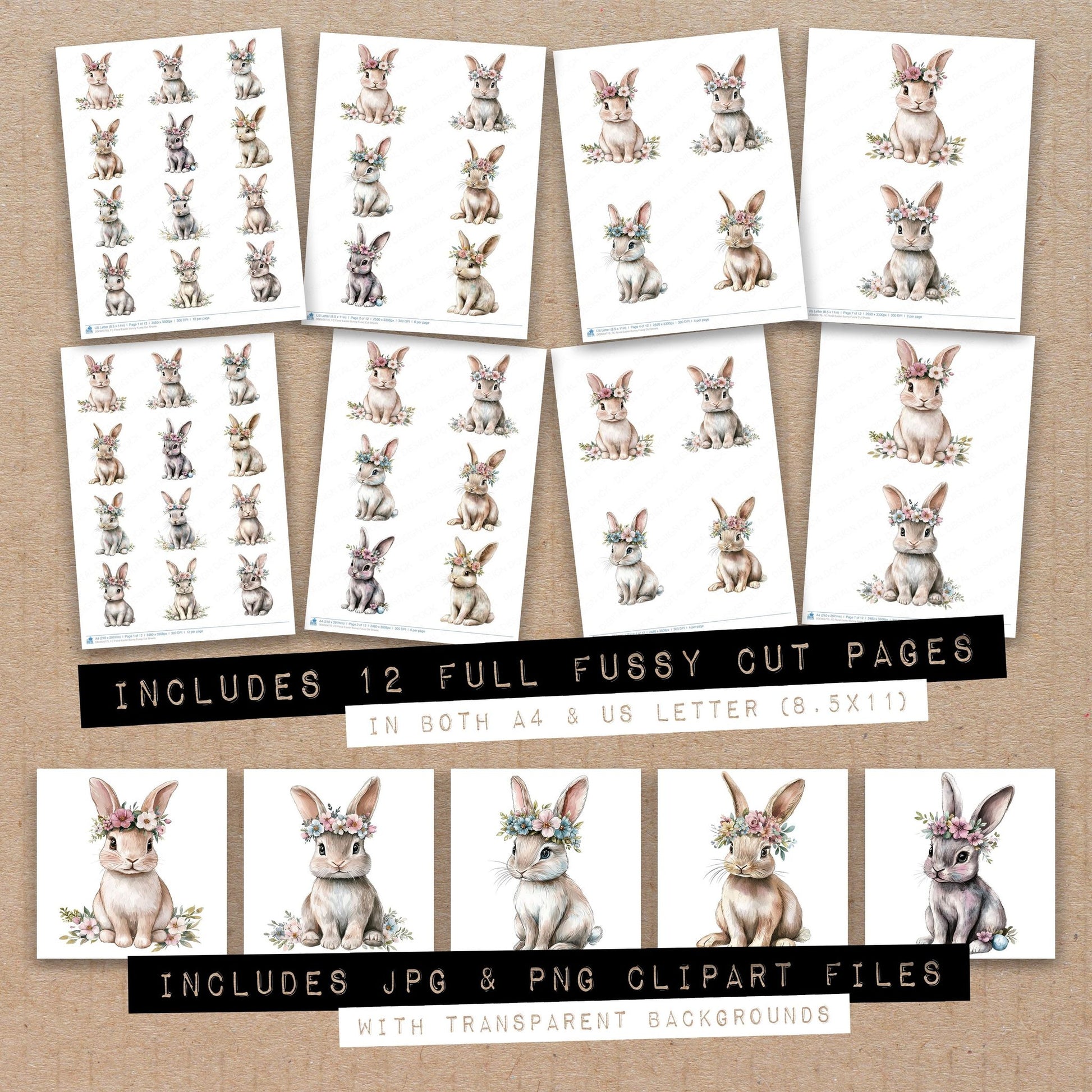 Full collection view of Floral Easter Bunny fussy cut sheets with bonus clipart JPG and PNG files