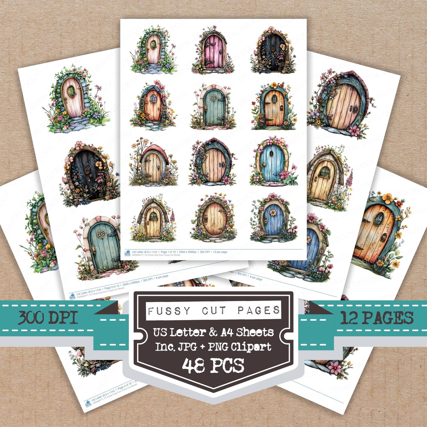 Floral Fairy Door fussy cut printable sheets for junk journaling, scrapbooking, and paper craft projects