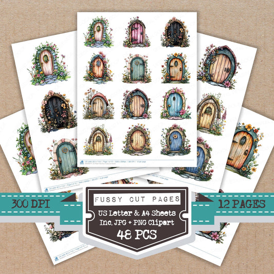Floral Fairy Door fussy cut printable sheets for junk journaling, scrapbooking, and paper craft projects