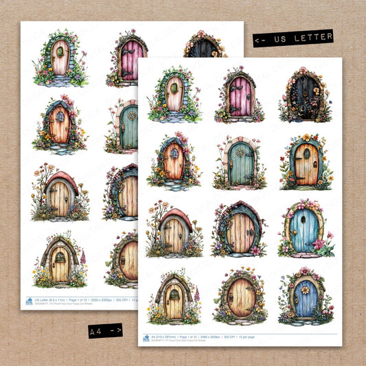 A4 and US Letter format comparison showing Floral Fairy Door fussy cut pages for print and cut crafting