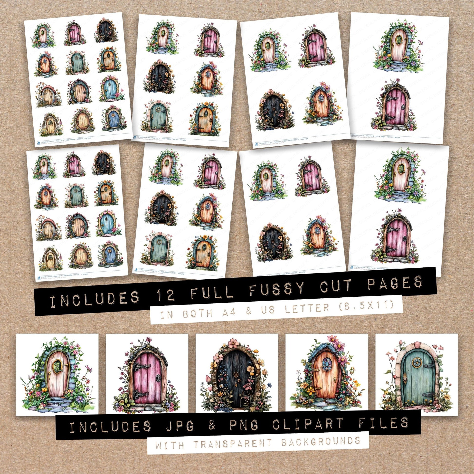 Full collection view of Floral Fairy Door fussy cut sheets with bonus clipart JPG and PNG files