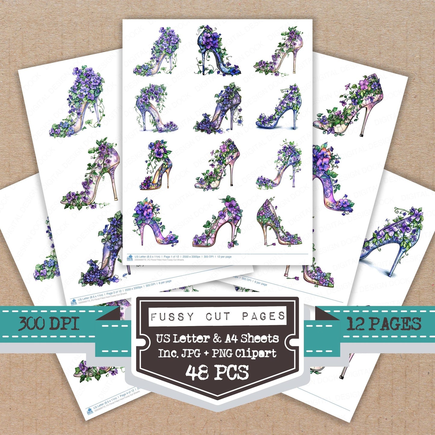 Floral Filled Heel fussy cut printable sheets for junk journaling, scrapbooking, and paper craft projects