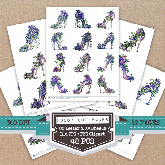 Floral Filled Heel fussy cut printable sheets for junk journaling, scrapbooking, and paper craft projects