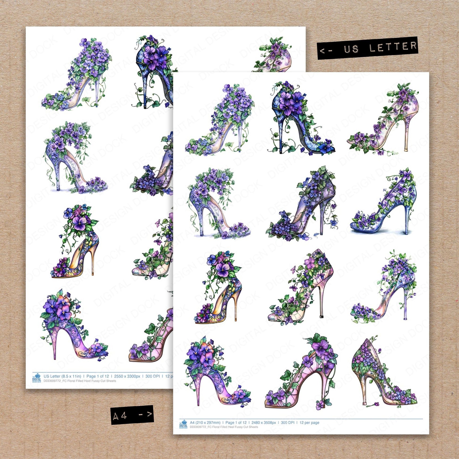 A4 and US Letter format comparison showing Floral Filled Heel fussy cut pages for print and cut crafting