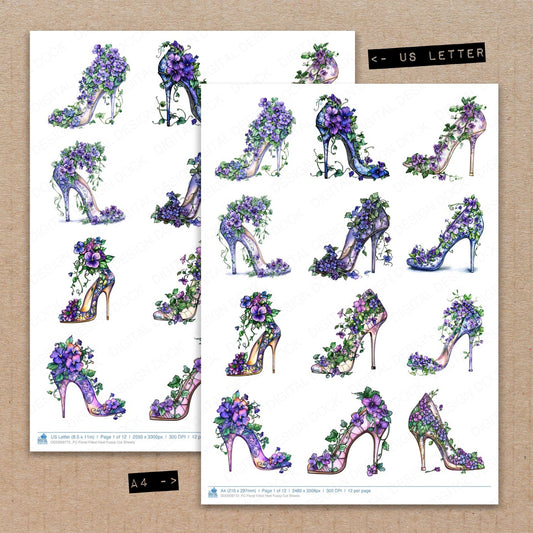 A4 and US Letter format comparison showing Floral Filled Heel fussy cut pages for print and cut crafting