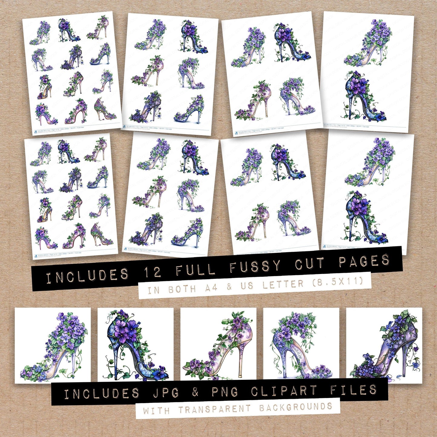Full collection view of Floral Filled Heel fussy cut sheets with bonus clipart JPG and PNG files