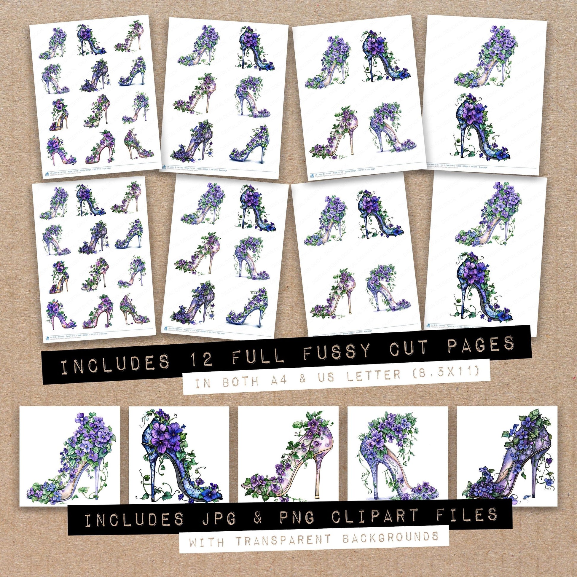 Full collection view of Floral Filled Heel fussy cut sheets with bonus clipart JPG and PNG files