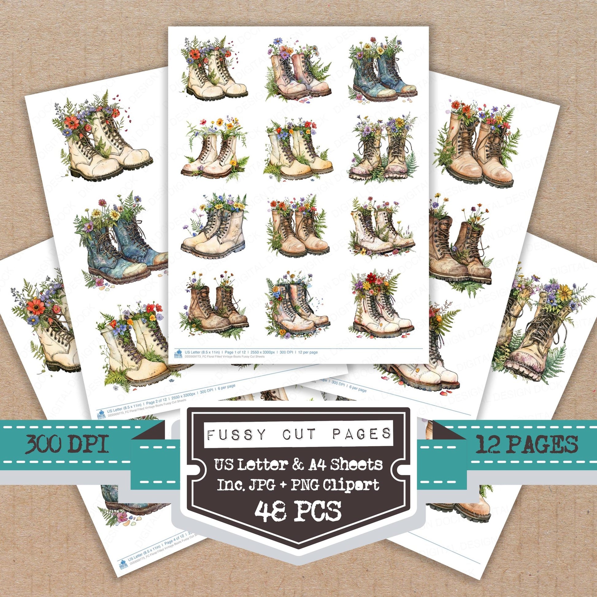 Floral Filled Vintage Boots fussy cut printable sheets for junk journaling, scrapbooking, and paper craft projects