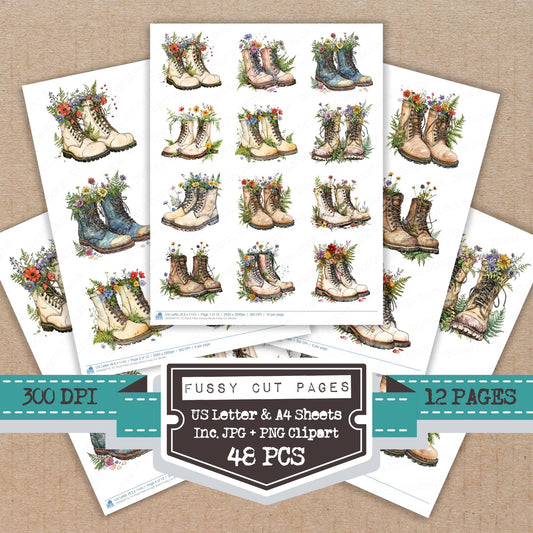 Floral Filled Vintage Boots fussy cut printable sheets for junk journaling, scrapbooking, and paper craft projects