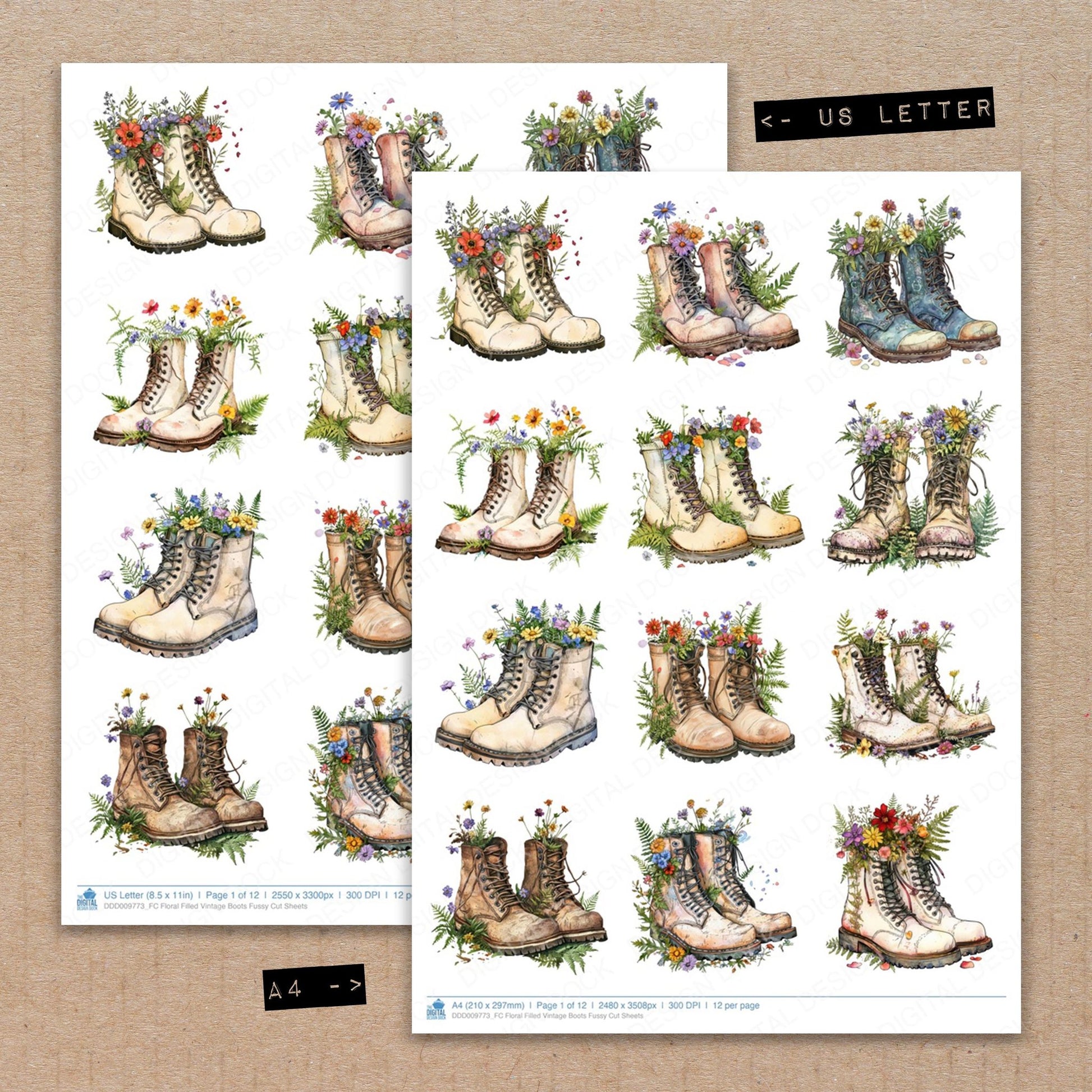 A4 and US Letter format comparison showing Floral Filled Vintage Boots fussy cut pages for print and cut crafting
