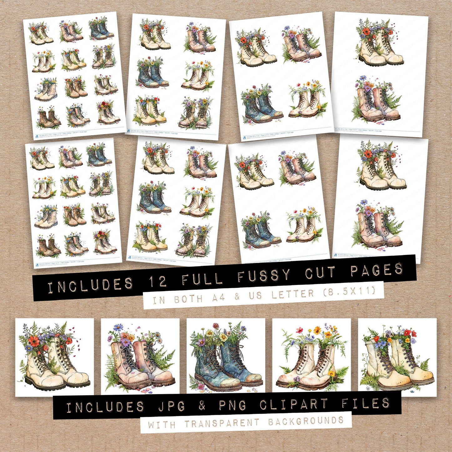 Full collection view of Floral Filled Vintage Boots fussy cut sheets with bonus clipart JPG and PNG files
