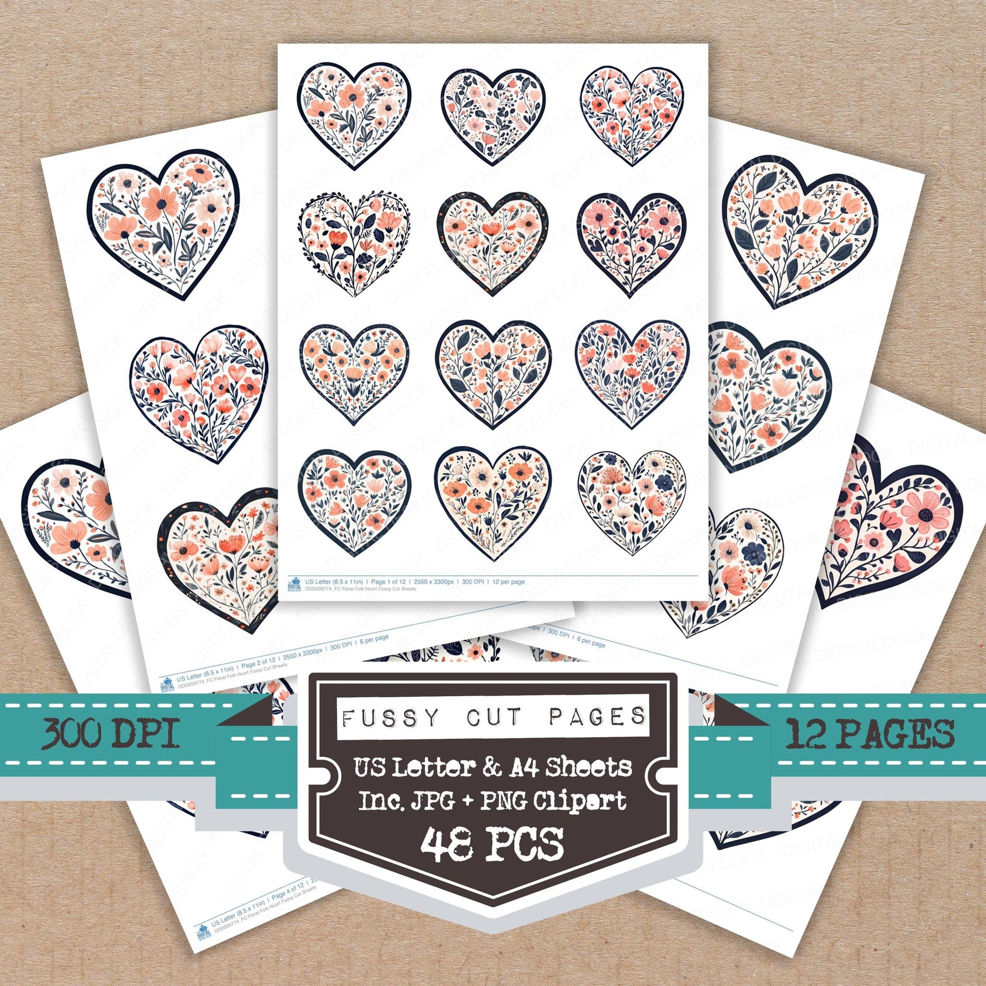 Floral Folk Heart fussy cut printable sheets for junk journaling, scrapbooking, and paper craft projects