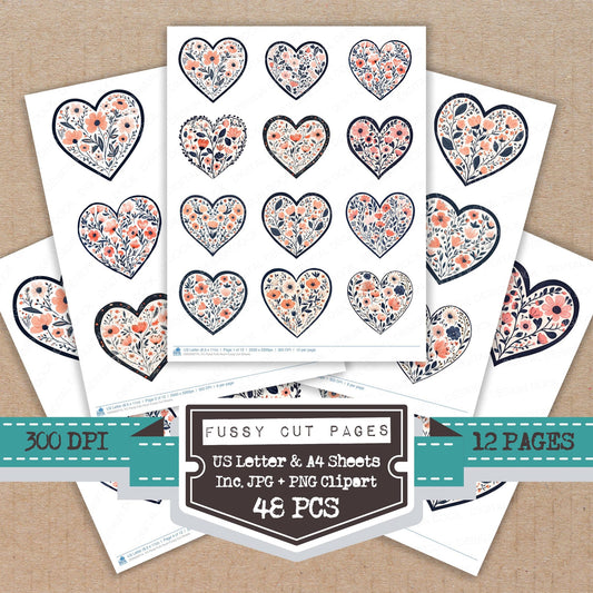Floral Folk Heart fussy cut printable sheets for junk journaling, scrapbooking, and paper craft projects