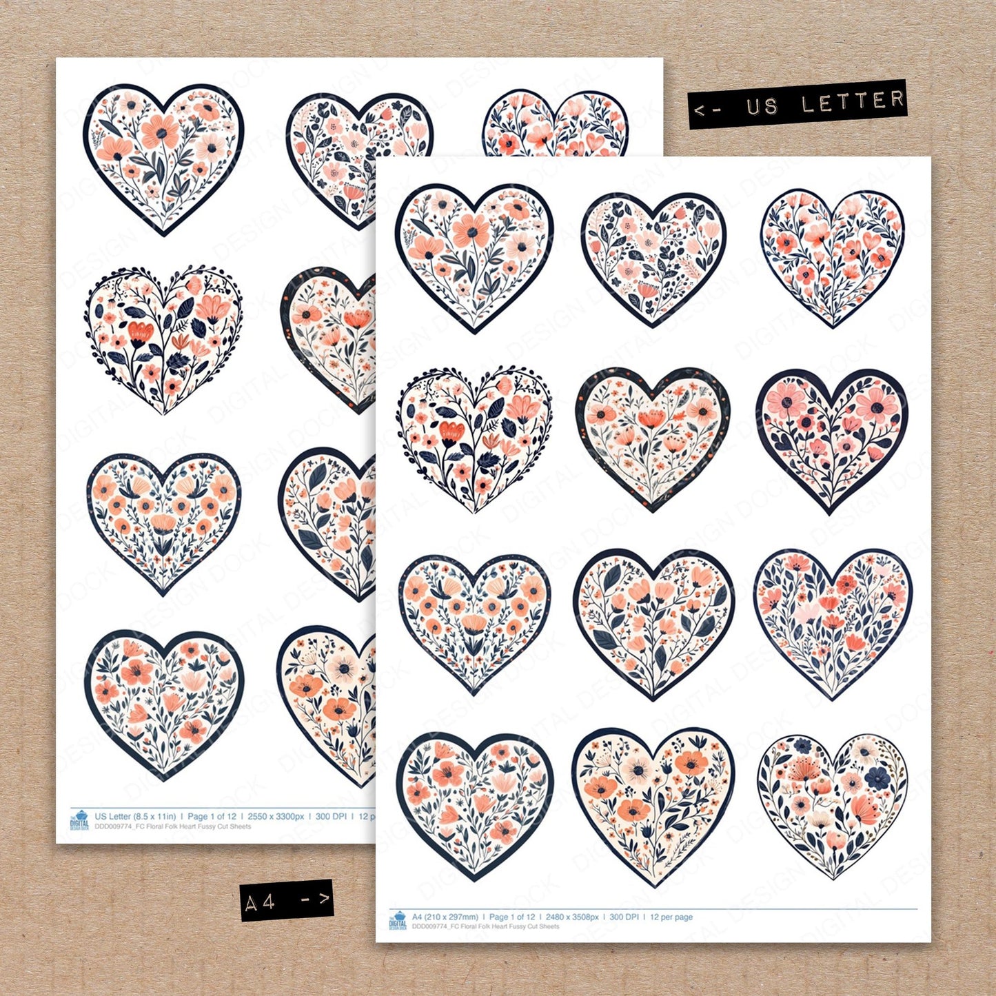 A4 and US Letter format comparison showing Floral Folk Heart fussy cut pages for print and cut crafting