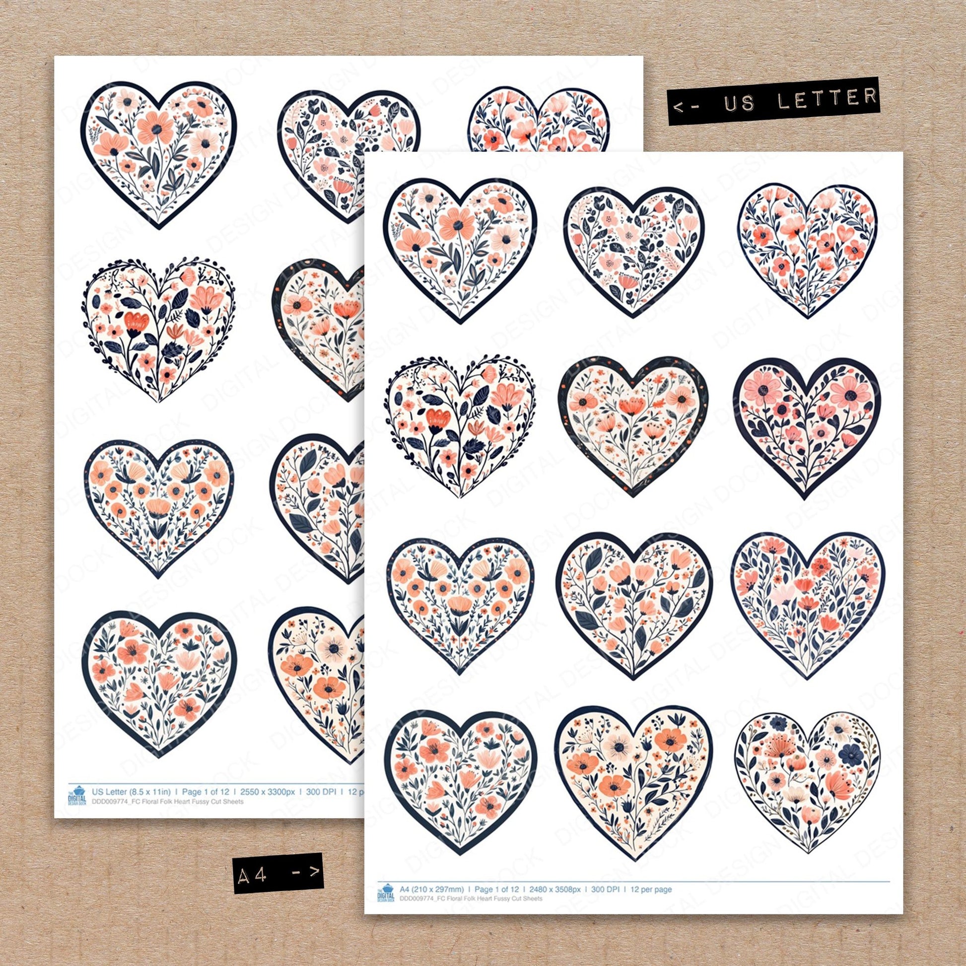 A4 and US Letter format comparison showing Floral Folk Heart fussy cut pages for print and cut crafting