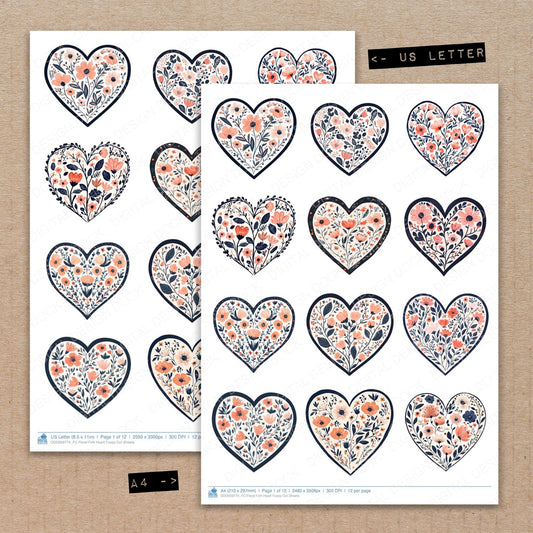 A4 and US Letter format comparison showing Floral Folk Heart fussy cut pages for print and cut crafting