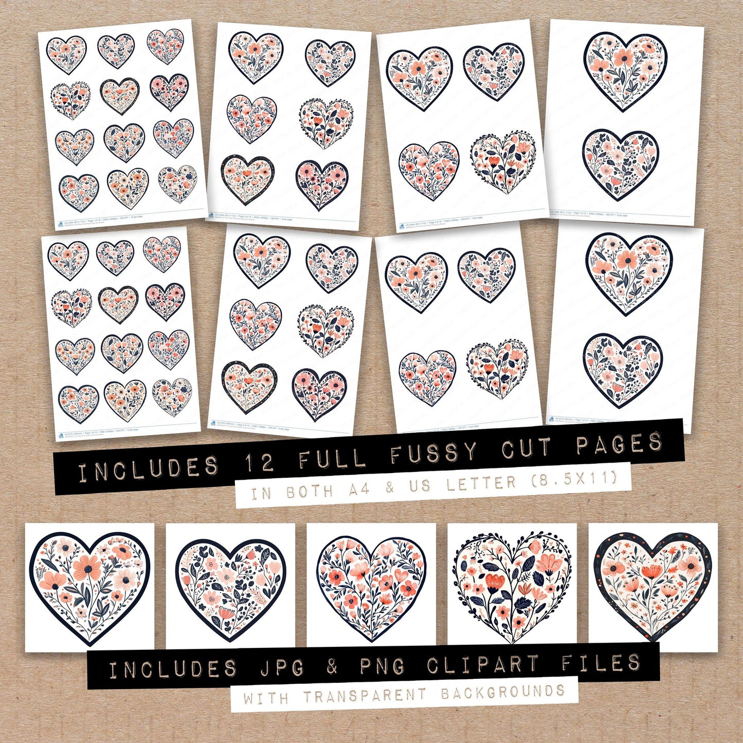 Full collection view of Floral Folk Heart fussy cut sheets with bonus clipart JPG and PNG files