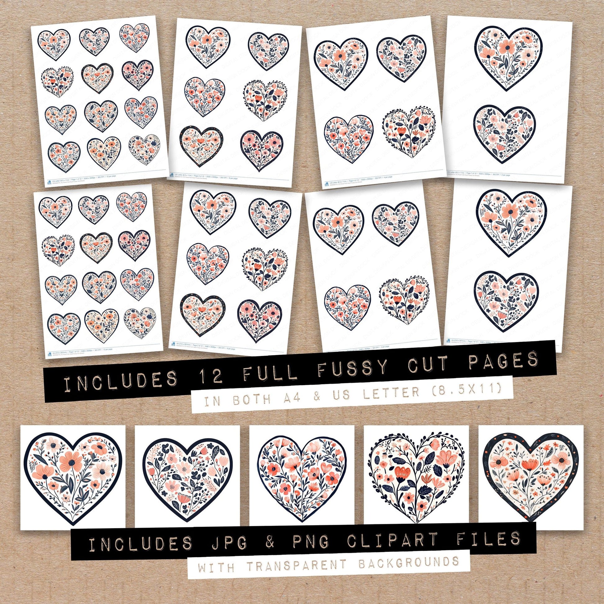 Full collection view of Floral Folk Heart fussy cut sheets with bonus clipart JPG and PNG files