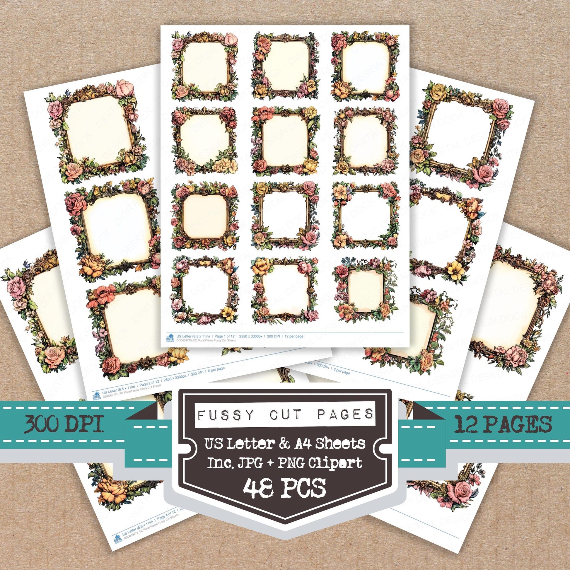 Floral Frame fussy cut printable sheets for junk journaling, scrapbooking, and paper craft projects