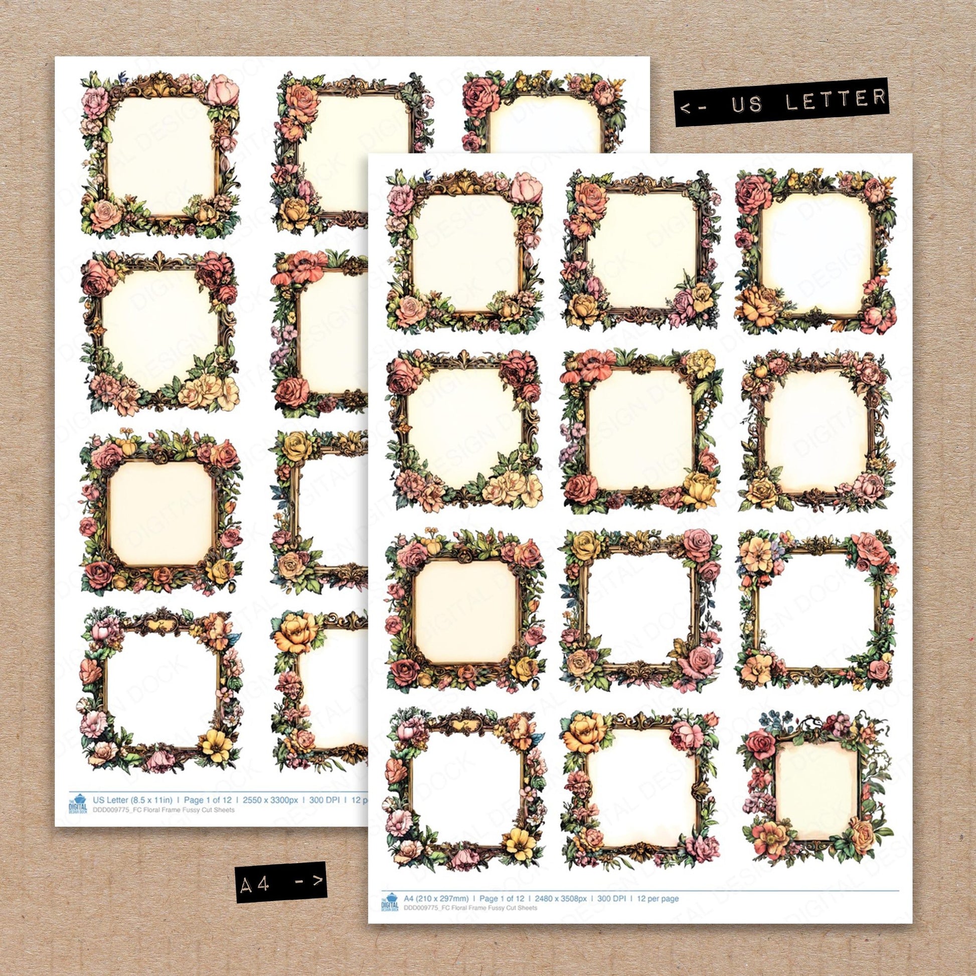 A4 and US Letter format comparison showing Floral Frame fussy cut pages for print and cut crafting