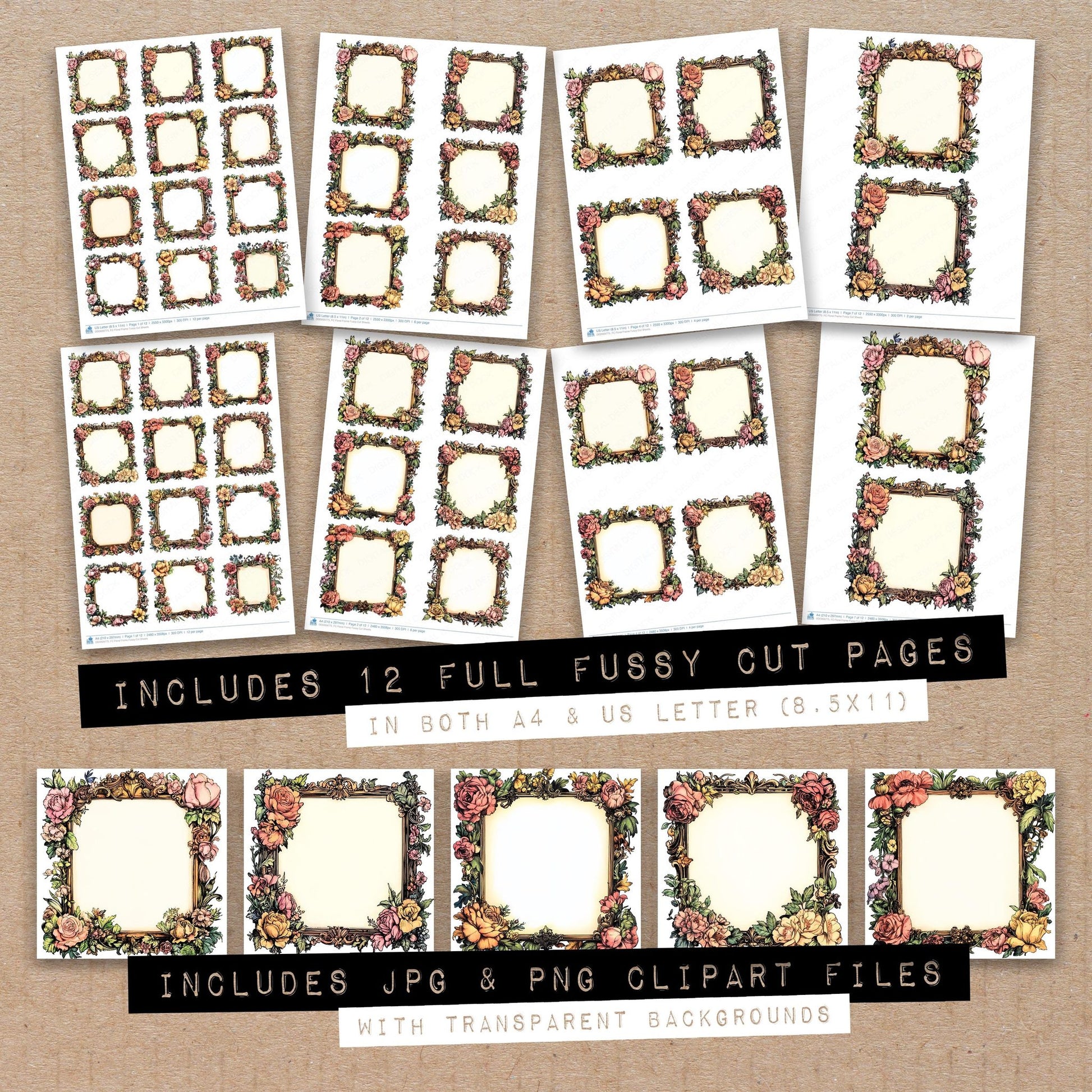Full collection view of Floral Frame fussy cut sheets with bonus clipart JPG and PNG files