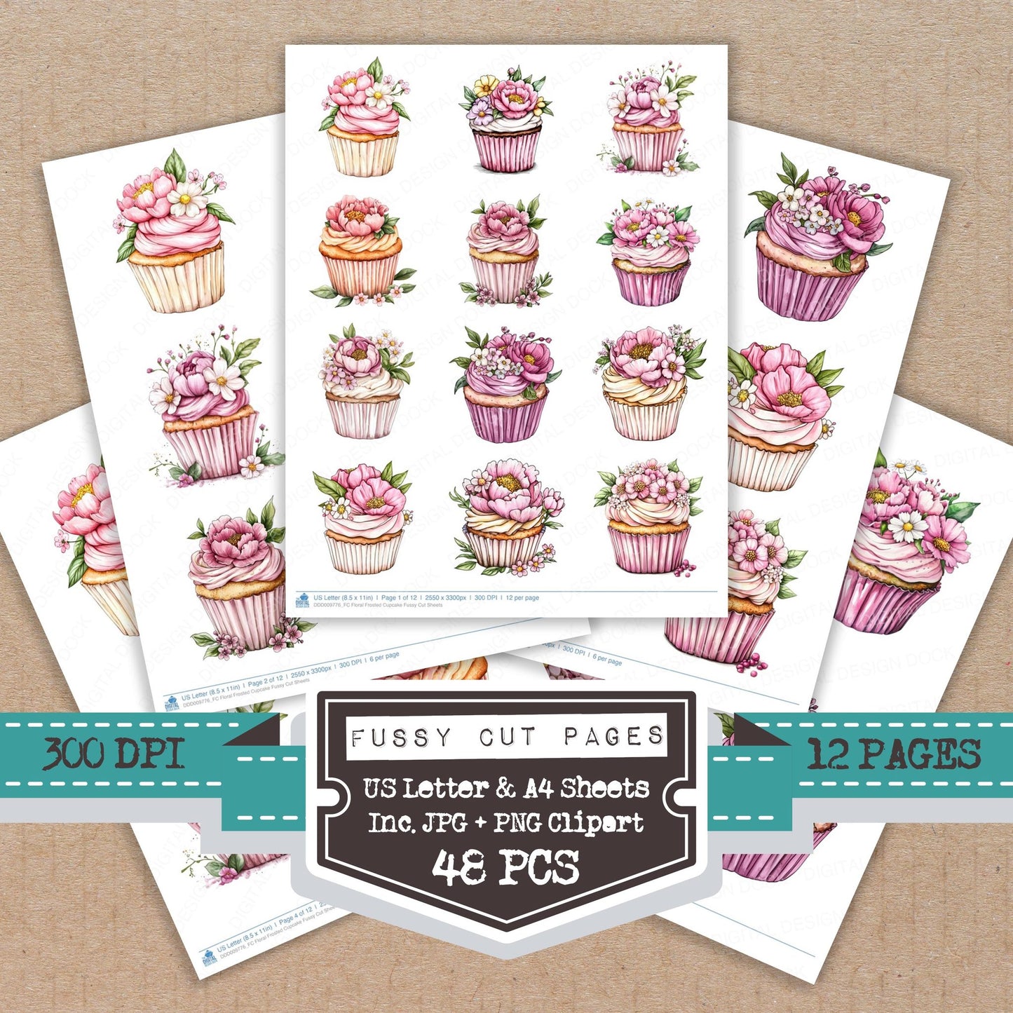 Floral Frosted Cupcake fussy cut printable sheets for junk journaling, scrapbooking, and paper craft projects