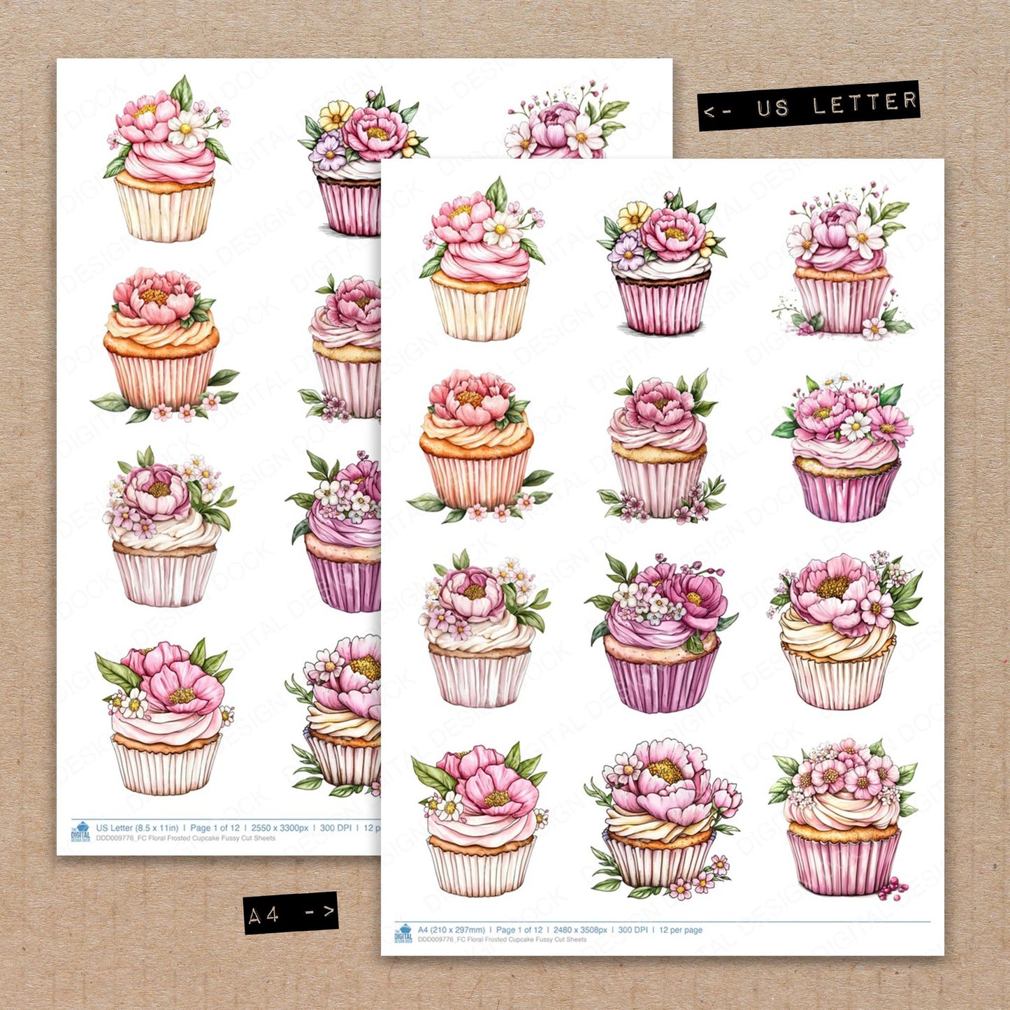 A4 and US Letter format comparison showing Floral Frosted Cupcake fussy cut pages for print and cut crafting