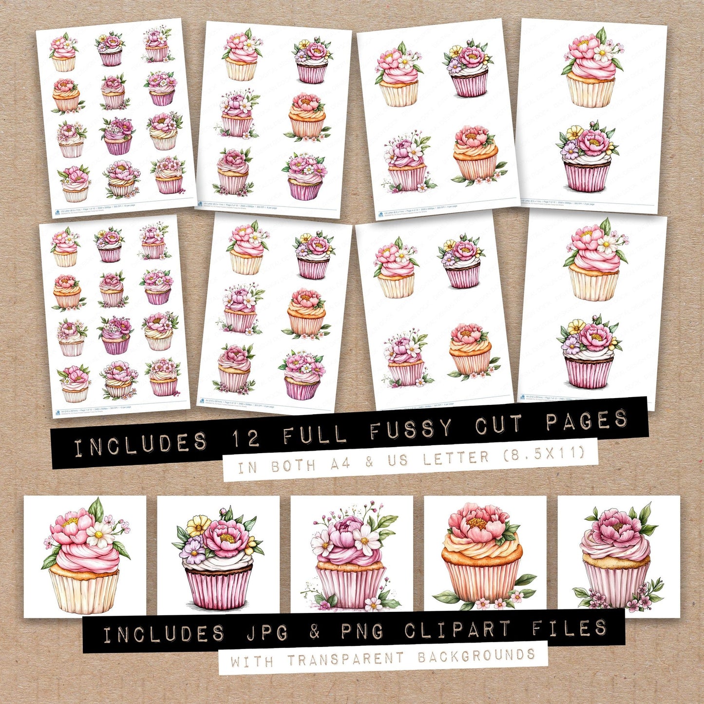 Full collection view of Floral Frosted Cupcake fussy cut sheets with bonus clipart JPG and PNG files