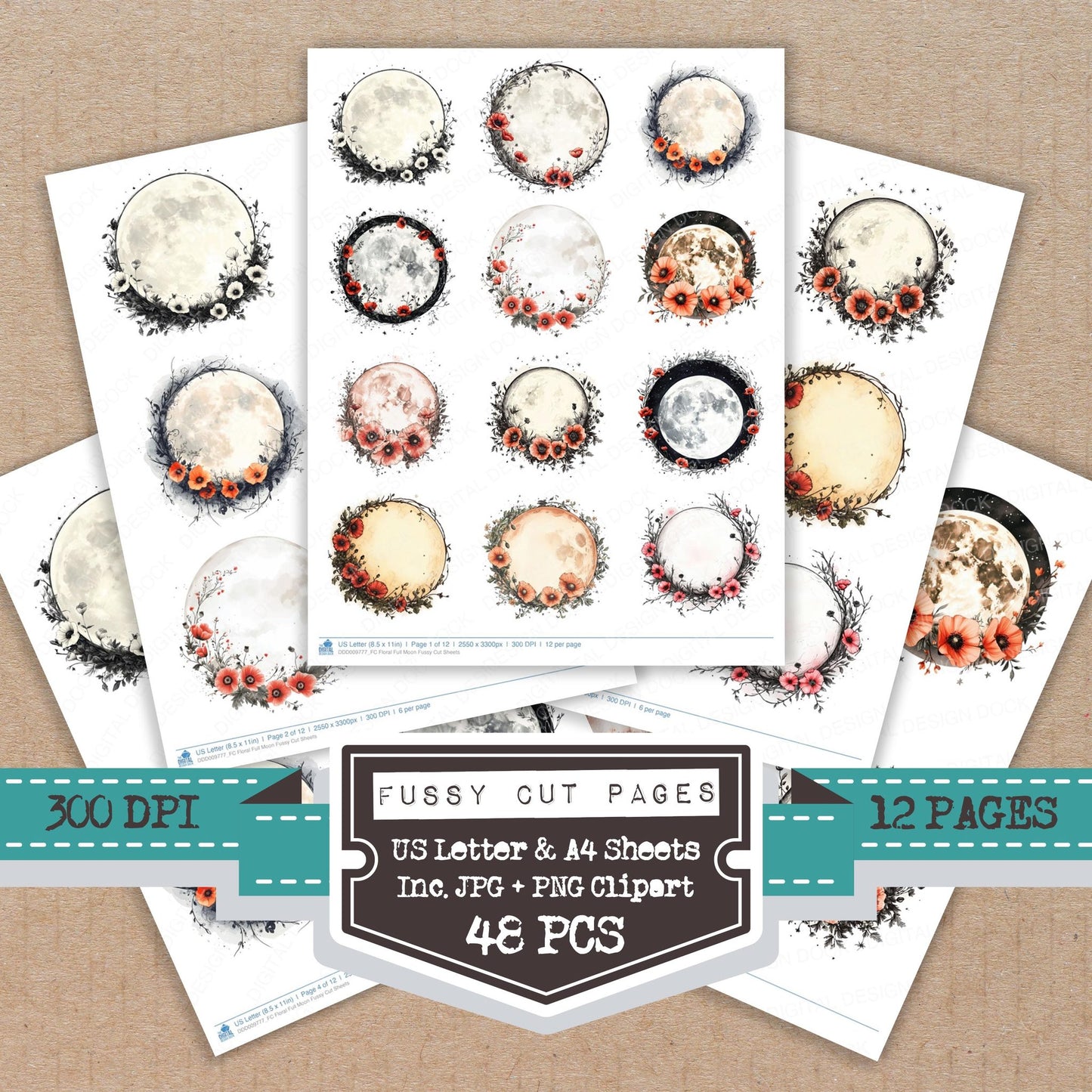 Floral Full Moon fussy cut printable sheets for junk journaling, scrapbooking, and paper craft projects