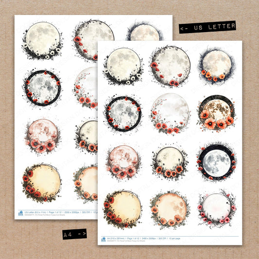 A4 and US Letter format comparison showing Floral Full Moon fussy cut pages for print and cut crafting