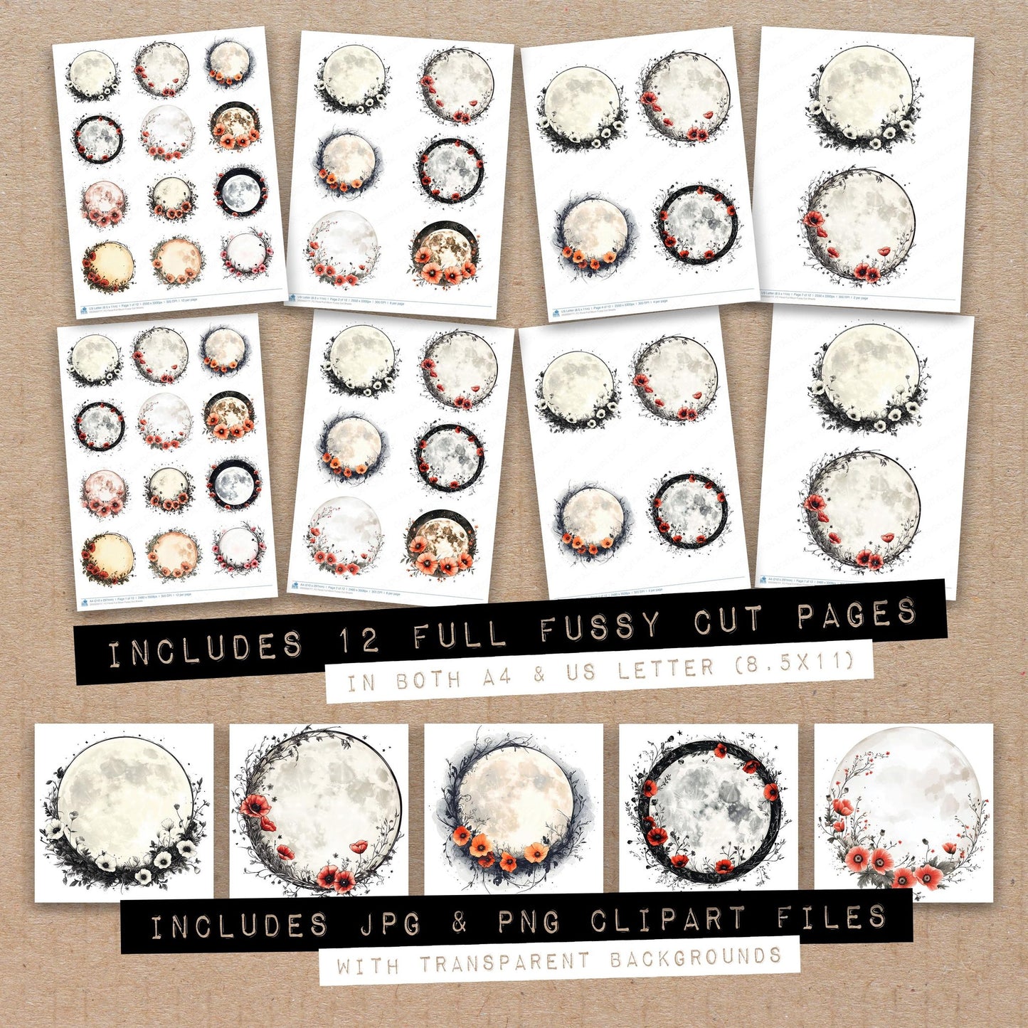 Full collection view of Floral Full Moon fussy cut sheets with bonus clipart JPG and PNG files