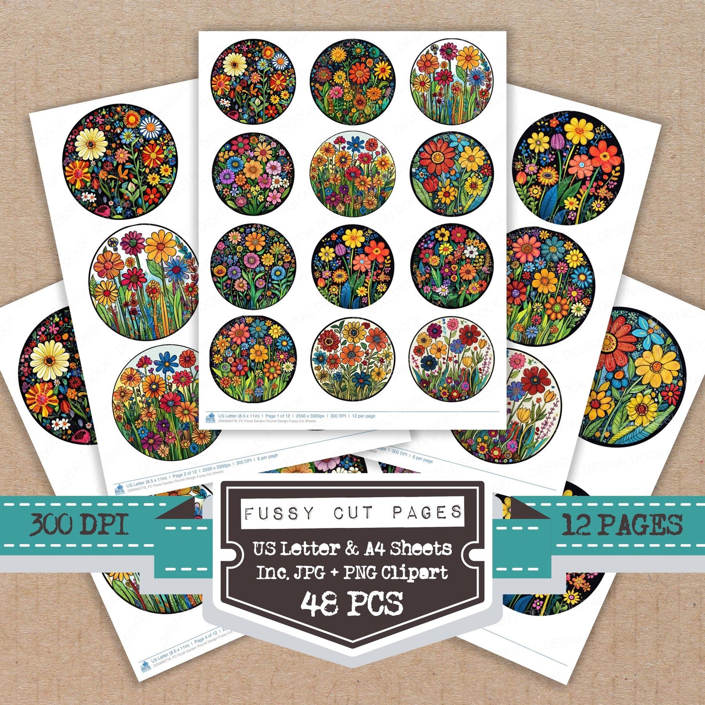 Floral Garden Round Design fussy cut printable sheets for junk journaling, scrapbooking, and paper craft projects