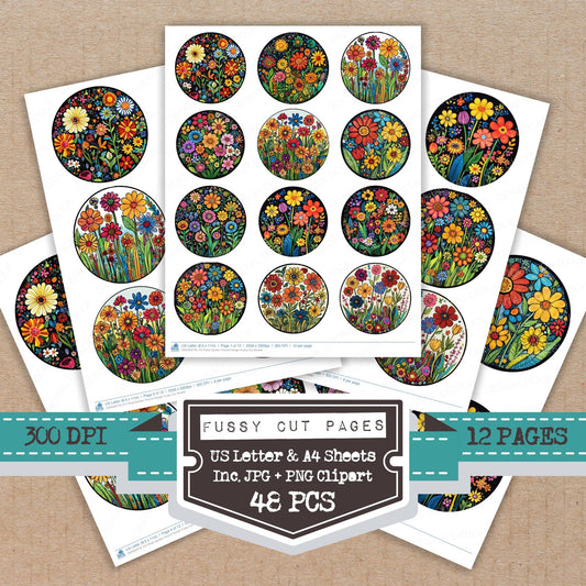 Floral Garden Round Design fussy cut printable sheets for junk journaling, scrapbooking, and paper craft projects