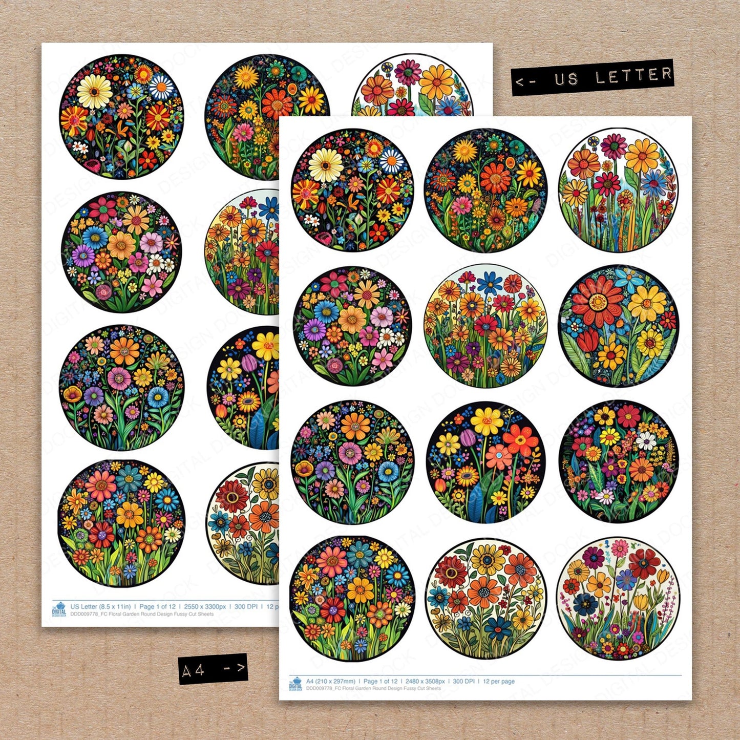 A4 and US Letter format comparison showing Floral Garden Round Design fussy cut pages for print and cut crafting