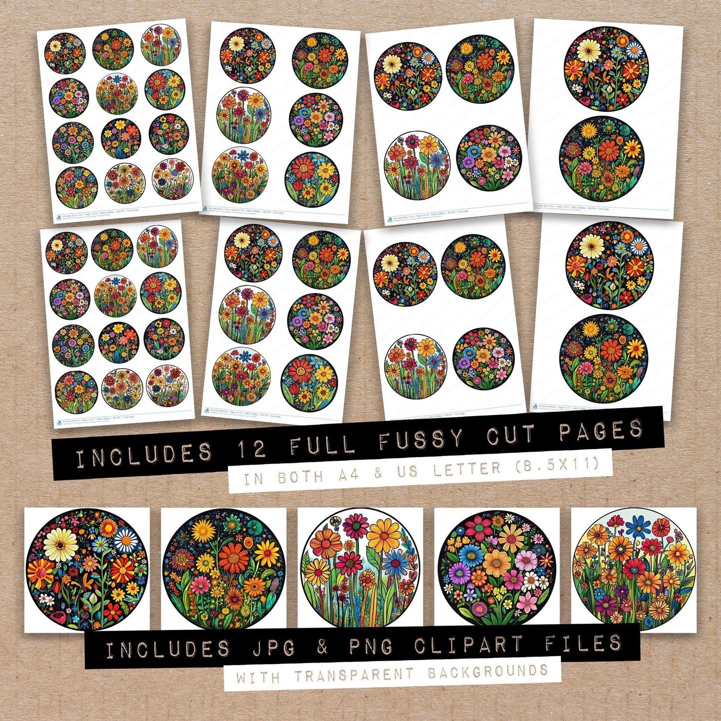 Full collection view of Floral Garden Round Design fussy cut sheets with bonus clipart JPG and PNG files