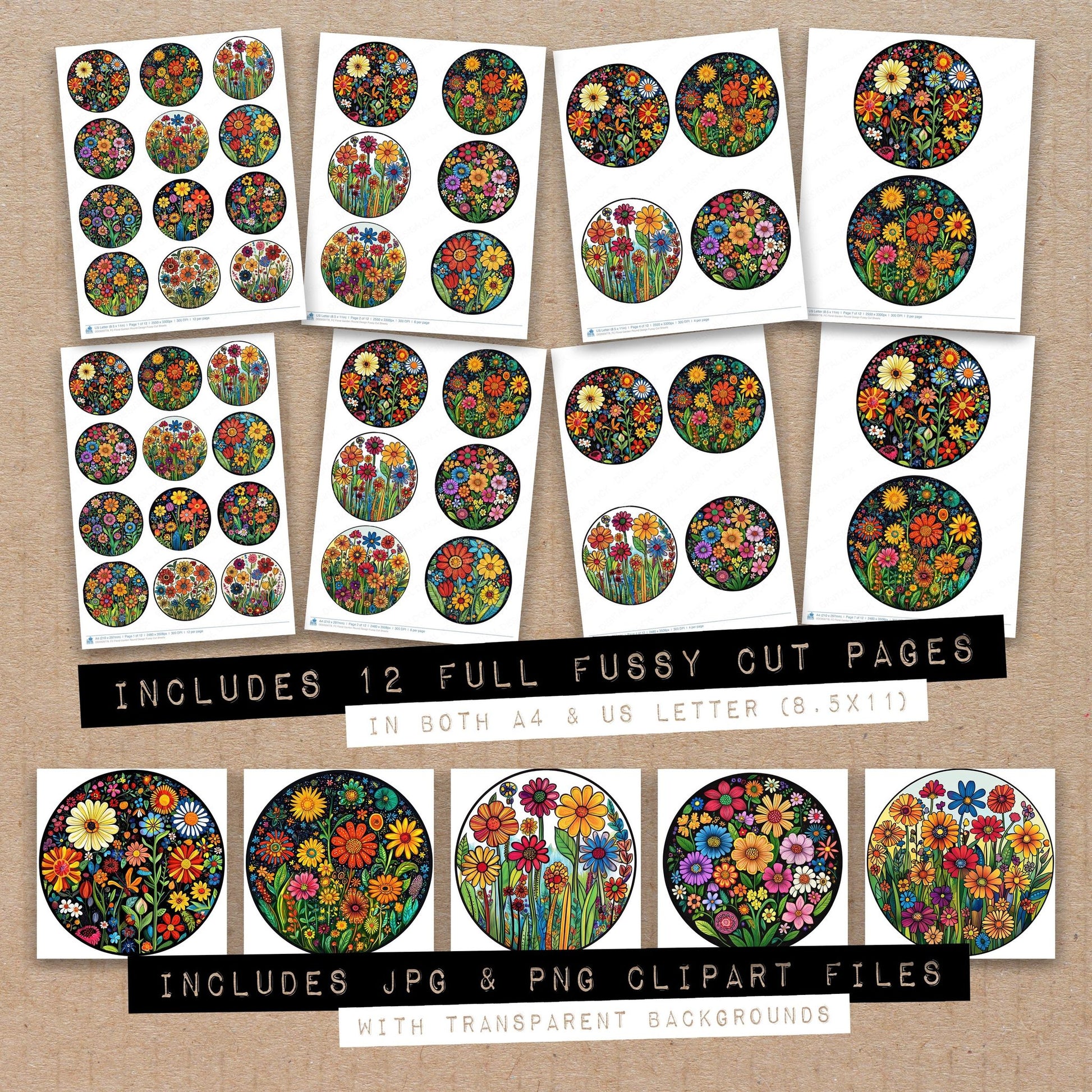 Full collection view of Floral Garden Round Design fussy cut sheets with bonus clipart JPG and PNG files