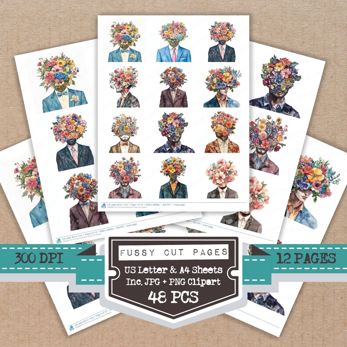 Floral Head Man fussy cut printable sheets for junk journaling, scrapbooking, and paper craft projects