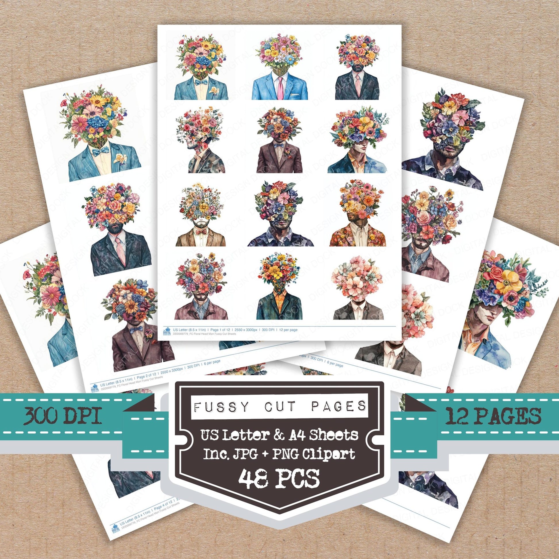 Floral Head Man fussy cut printable sheets for junk journaling, scrapbooking, and paper craft projects