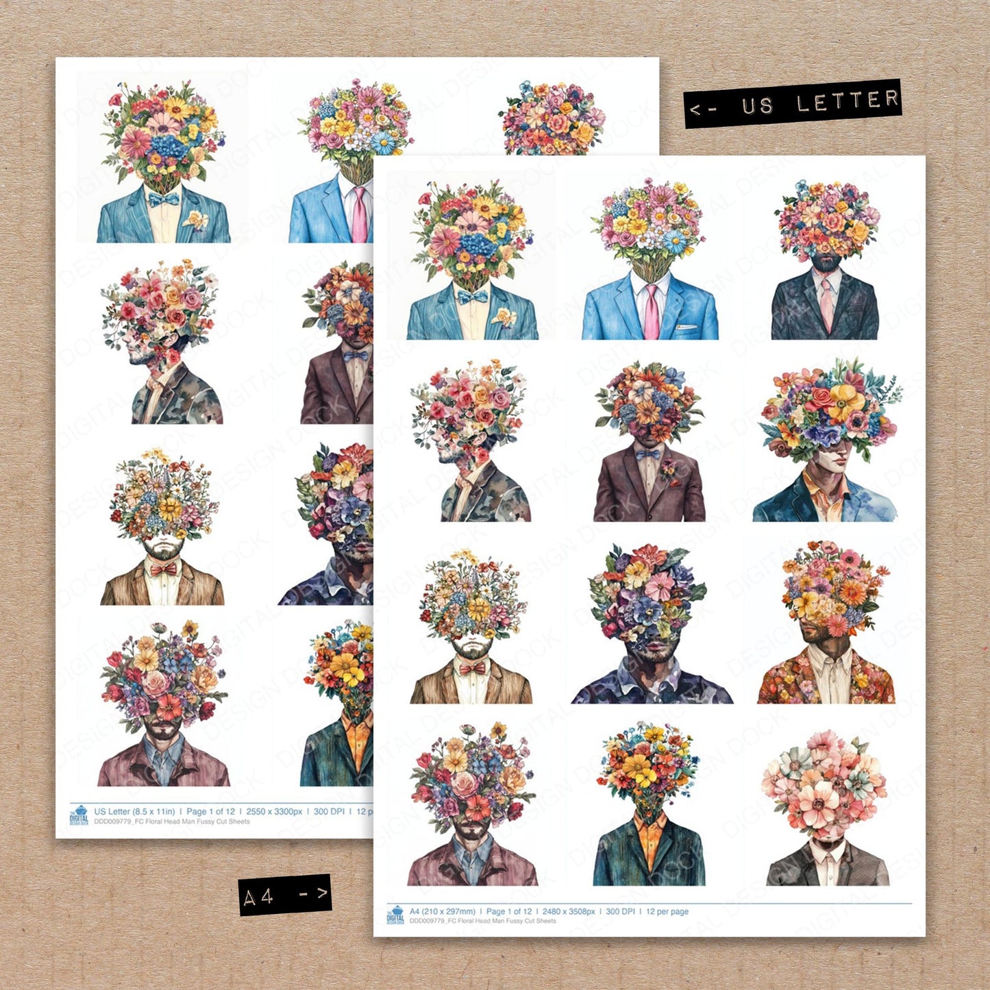 A4 and US Letter format comparison showing Floral Head Man fussy cut pages for print and cut crafting